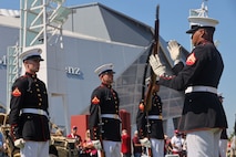 U.S. Marines with the United States Marine Corps Silent Drill Platoon execute their "rifle inspection" sequence during a performance at the College Football Aflac Kickoff show during Marine Week Atlanta in Atlanta, Ga., Aug. 31, 2025. The year 2025 marks the 250th anniversary of the United States Marine Corps, a milestone that highlights the legacy, transformation and enduring spirit of the Corps since 1775. Throughout the year, Marines across the globe will commemorate this anniversary by honoring the service and sacrifice of those who served before them and by remaining faithful to the motto Semper Fidelis. (U.S. Marine Corps photo by Cpl. Christopher Prelle)