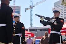 U.S. Marines with the United States Marine Corps Silent Drill Platoon execute their "rifle inspection" sequence during a performance at the College Football Aflac Kickoff show during Marine Week Atlanta in Atlanta, Ga., Aug. 31, 2025. The year 2025 marks the 250th anniversary of the United States Marine Corps, a milestone that highlights the legacy, transformation and enduring spirit of the Corps since 1775. Throughout the year, Marines across the globe will commemorate this anniversary by honoring the service and sacrifice of those who served before them and by remaining faithful to the motto Semper Fidelis. (U.S. Marine Corps photo by Cpl. Christopher Prelle)