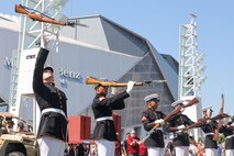 U.S. Marines with the United States Marine Corps Silent Drill Platoon execute their "long line" sequence during a performance at the College Football Aflac Kickoff show during Marine Week Atlanta in Atlanta, Ga., Aug. 31, 2025. The year 2025 marks the 250th anniversary of the United States Marine Corps, a milestone that highlights the legacy, transformation and enduring spirit of the Corps since 1775. Throughout the year, Marines across the globe will commemorate this anniversary by honoring the service and sacrifice of those who served before them and by remaining faithful to the motto Semper Fidelis. (U.S. Marine Corps photo by Cpl. Christopher Prelle)