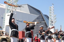 U.S. Marines with the United States Marine Corps Silent Drill Platoon execute their "long line" sequence during a performance at the College Football Aflac Kickoff show during Marine Week Atlanta in Atlanta, Ga., Aug. 31, 2025. The year 2025 marks the 250th anniversary of the United States Marine Corps, a milestone that highlights the legacy, transformation and enduring spirit of the Corps since 1775. Throughout the year, Marines across the globe will commemorate this anniversary by honoring the service and sacrifice of those who served before them and by remaining faithful to the motto Semper Fidelis. (U.S. Marine Corps photo by Cpl. Christopher Prelle)