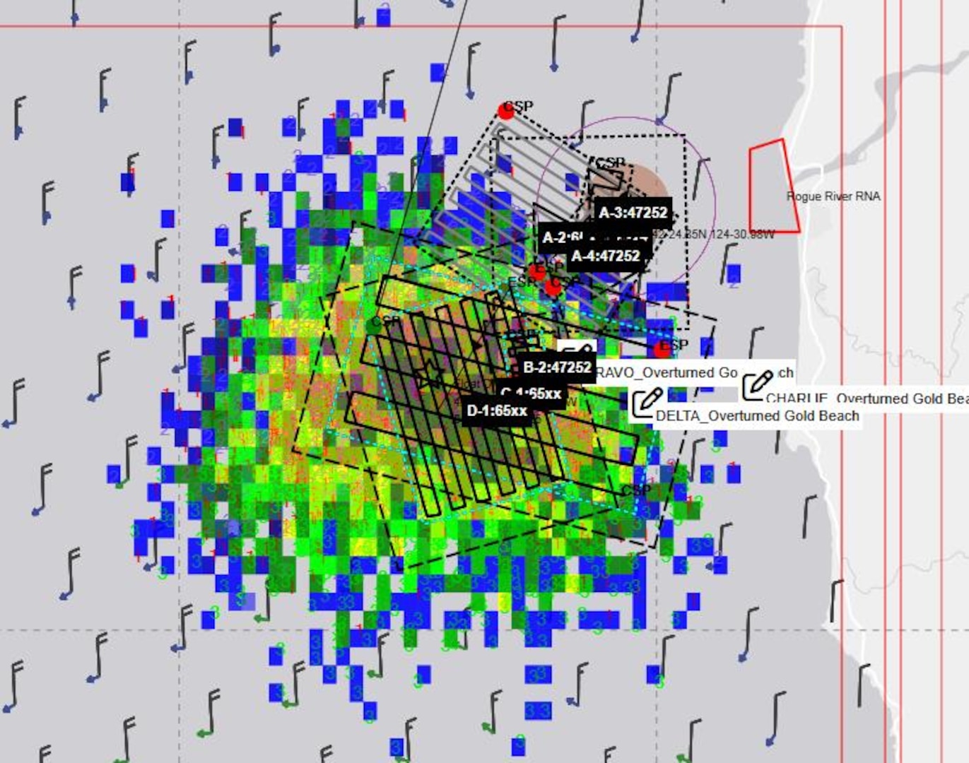 Search and rescue tracklines are shown that the Coast Guard used during a search for two men that were aboard a capsized catamaran off the coast of Gold Beach, Ore., Sept. 31, 2025.