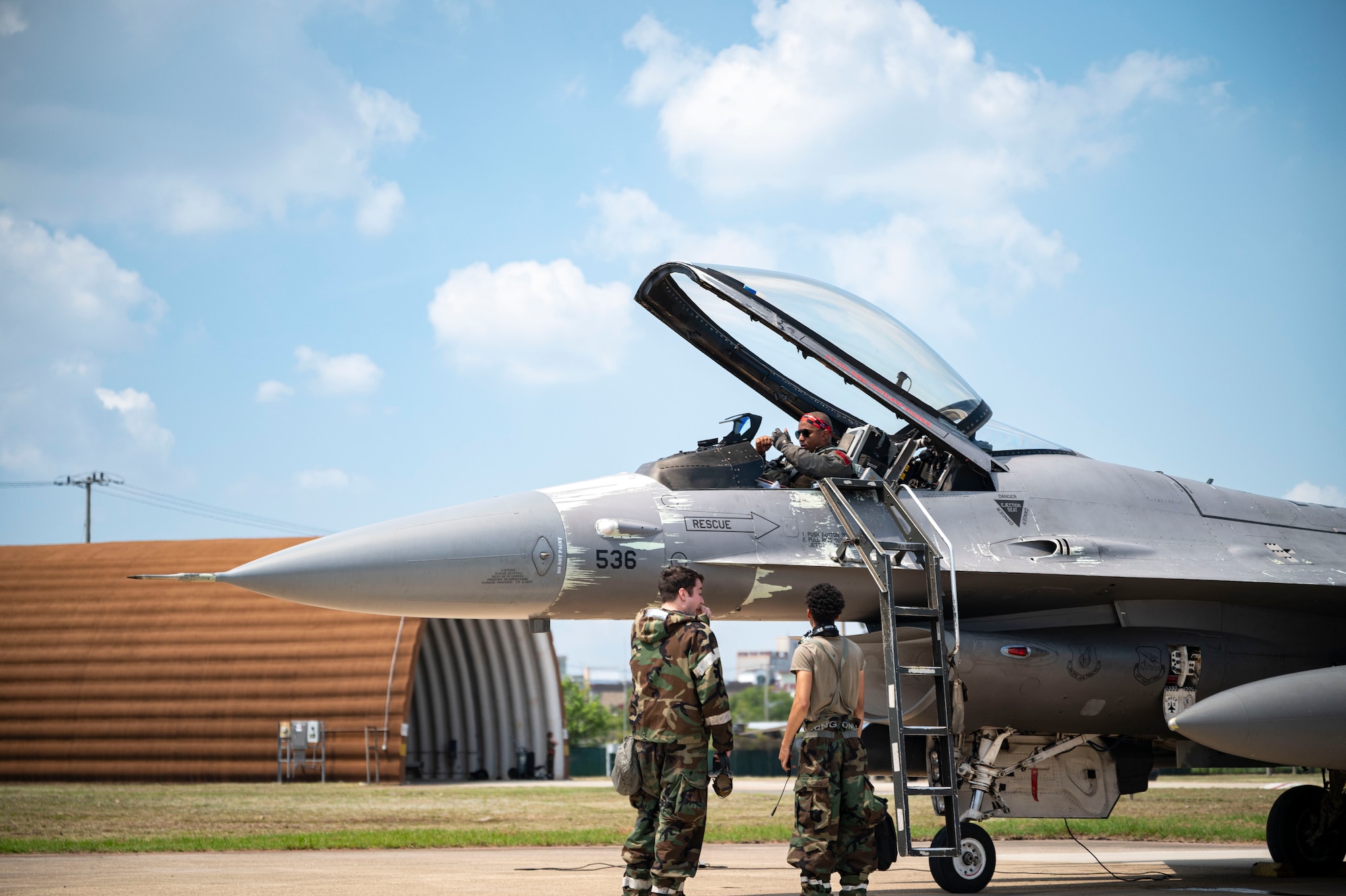 An F-16 Fighting Falcon assigned to the 36th Fighter Squadron lands at Daegu Air Base, Republic of Korea, during exercise Ulchi Freedom Shield 25, Aug. 20, 2025