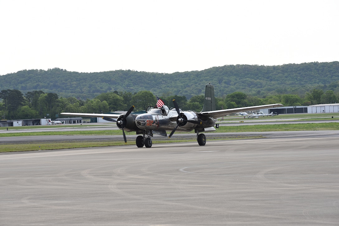 An A-26 Invader, the “Million Airess,” taxis onto the ramp April 15, 2025, at Sumpter Smith Joint National Guard Base, Birmingham, Alabama, as part of the 117th Air Refueling Wing and Southern Museum of Flight’s Bay of Pigs Invasion Commemoration. This years’ service marks the 64th anniversary of the Bay of Pigs mission that took the lives of four Alabama Air National Guard aviators – Leo Baker, Wade Gray, Pete Ray and Riley Shamburger.
