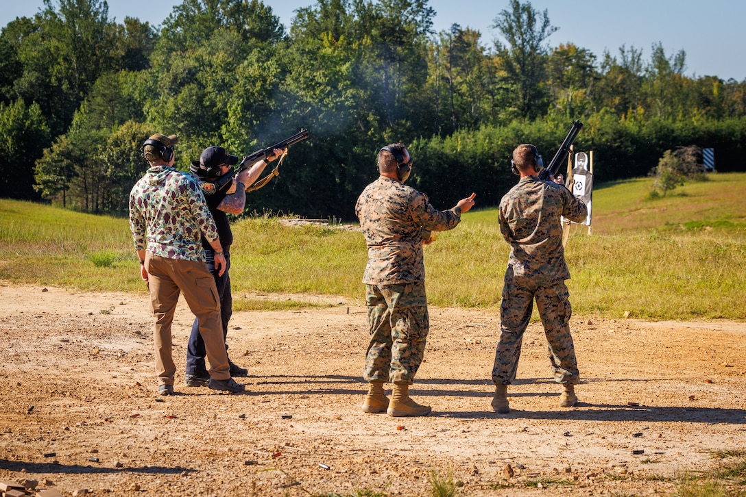 U.S. Marines and civilian police officers with the Security Battalion Counter Drone Team, shoot at an Unmanned Aerial System during an aerial target engagement simulation on Marine Corps Base Quantico, Virginia, August 27, 2025. This simulation is part of MCB Quantico’s Counter-Unmanned Aerial System’s Counter-Drone Team, which focuses on establishing standard operating procedures for the use of kinetic defeat options for law enforcement against a drone incursion. (U.S. Marine Corps photo by Lance Cpl. Jeffery Stevens)