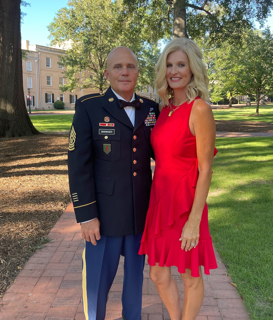 U.S. Army Sgt. Maj. Michael Binninger, operations Sgt. Maj., 117th Engineer Brigade, South Carolina Army National Guard, and wife, Susan Binninger, pose for a picture, Columbia, South Carolina, 2022.