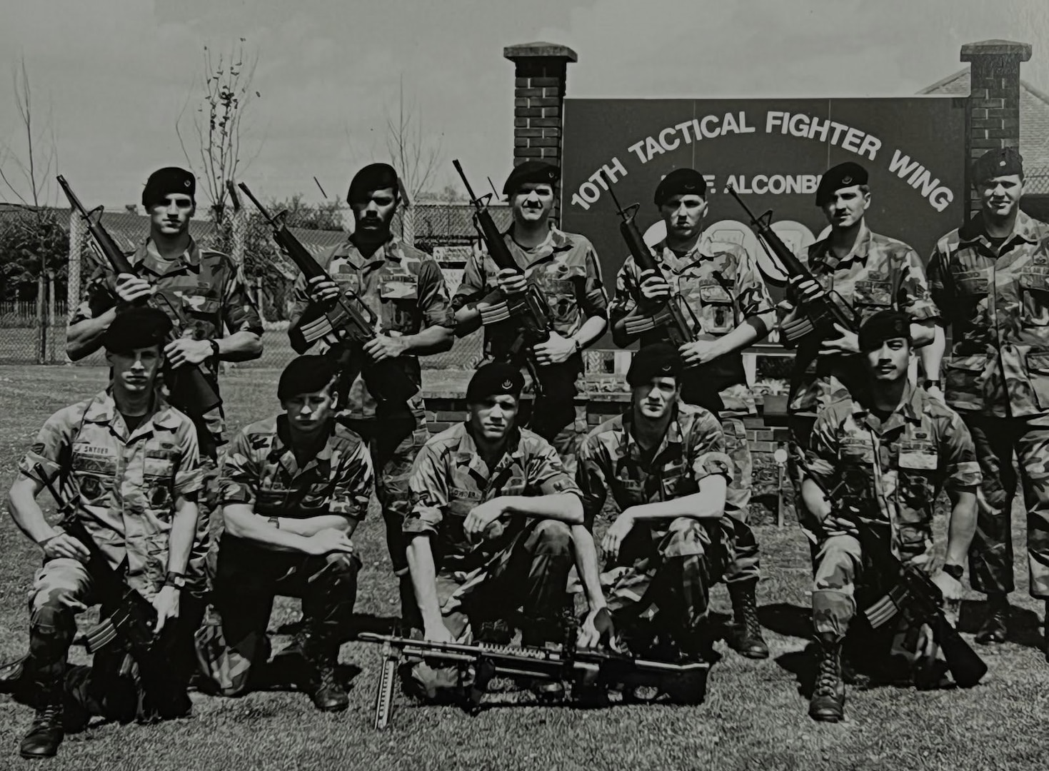 Lyndon Deboma (bottom right), chief of information protection for the 194th Wing, poses for a photo with the 1989 10th Security Police Squadron’s ‘Peacekeeper Challenge’ team on RAF Alconbury, U.K. Deboma’s team placed first in the tactics event known as the ‘Defender Challenge.’ (Courtesy photo)