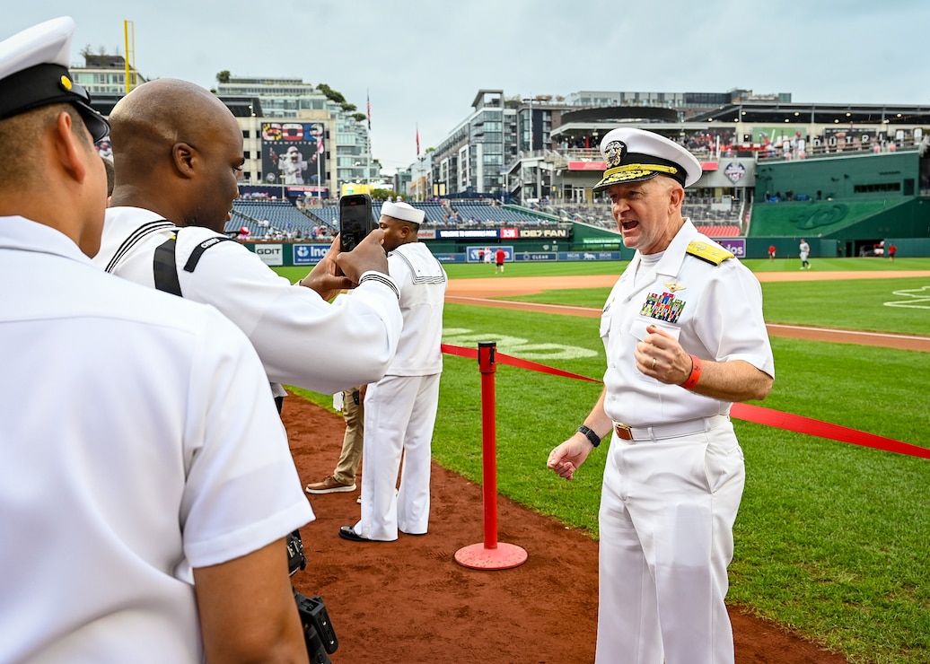 WASHINGTON (August 21, 2025) – Rear Adm. David Faehnle, commandant, Naval District Washington, conducts a Navy Day social media shoutout during Navy Day at Nationals Park in Washington on August 21, 2025. This year the Washington Nationals celebrated 250 years of naval service and sea power with the annual event. (U.S. Navy photo by Mass Communication Specialist 1st Class Griffin Kersting)