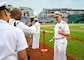 WASHINGTON (August 21, 2025) – Rear Adm. David Faehnle, commandant, Naval District Washington, conducts a Navy Day social media shoutout during Navy Day at Nationals Park in Washington on August 21, 2025. This year the Washington Nationals celebrated 250 years of naval service and sea power with the annual event. (U.S. Navy photo by Mass Communication Specialist 1st Class Griffin Kersting)