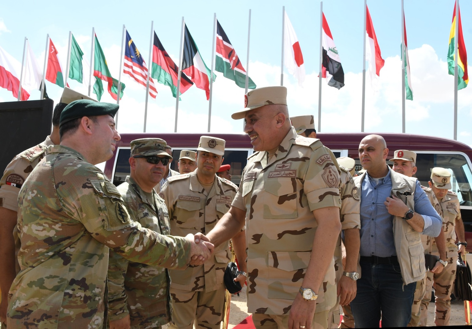 Lt. Gen. Ahmed Khalifa, right, Chief of Staff of the Egyptian Armed Forces, arrives to oversee BRIGHT STAR 2025 preparations, greeted by U.S. Army Brig. Gen. Patrick Clare, Bright Star 25 exercise director, and Col. Jason Wimberly, embassy Defense Attaché, and Egyptian officers at Mohamed Naguib Military Base, Aug. 26, 2025. BRIGHT STAR 25 enhances joint readiness and reinforces partner nations’ ability to integrate seamlessly in complex operational environments. By aligning tactics, techniques and procedures, U.S. and partner forces increase their capacity to deter aggression, improving lethality, confidence, and cohesion among multinational service members. (Courtesy photo Department of Morale Affairs, Egyptian Armed Forces – Caption writer, U.S. Central Command Maged Benjamin-Elias)
