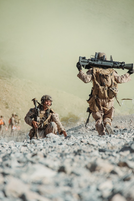 U.S. Marines with 2nd Battalion, 8th Marine Regiment, 2nd Marine Division, maneuver through a breach site during company attacks as part of Integrated Training Exercise 4-25 at Range 400, Marine Corps Air Ground Combat Center, Twentynine Palms, California, June 25, 2025. Through realistic scenarios and decentralized decision-making, ITX provides Marines the venue to enhance their lethality by empowering leaders at every level to adapt, communicate, and execute in dynamic environments. (U.S. Marine Corps Photo by Lance Cpl. Gracelyn Hanson)