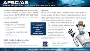 Flyer for the AFSC Bot Rodeo, scheduled for Oct. 9, 2025, at Hill Air Force Base, Utah. Includes event details, registration instructions, and contact information. Text highlights Airmen-led automation, innovation, and competition.