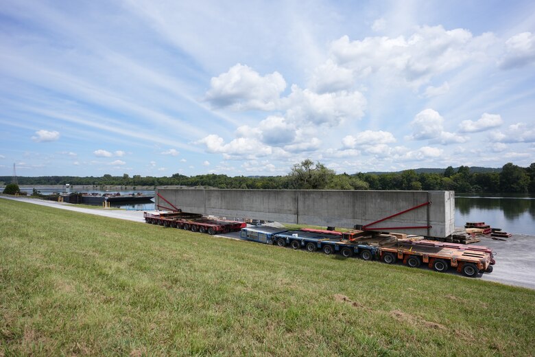 SPRING CITY, Tenn. — A prefabricated wall beam awaits barge delivery to the Chickamauga Lock Replacement Project’s upstream approach wall contract near Watts Bar Dam Aug. 28, 2025. (USACE photo by Noe Gonzalez)