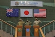 Lt. Gen. Makoto Endo, Commanding General of Middle Army, Japan Ground Self-Defense Force (JGSDF), Maj. Gen. James Bartholomees, Commanding General of the 25th Infantry Division (25ID), and Brig. Gen. Shane Gabriel, Deputy Commanding General of 1st (Australia) Division (1 (AS) Div), salute their nations’ flags during each national anthem at the end of the closing ceremony for Yama Sakura 89 at Camp Itami, Japan, Aug. 31, 2025.