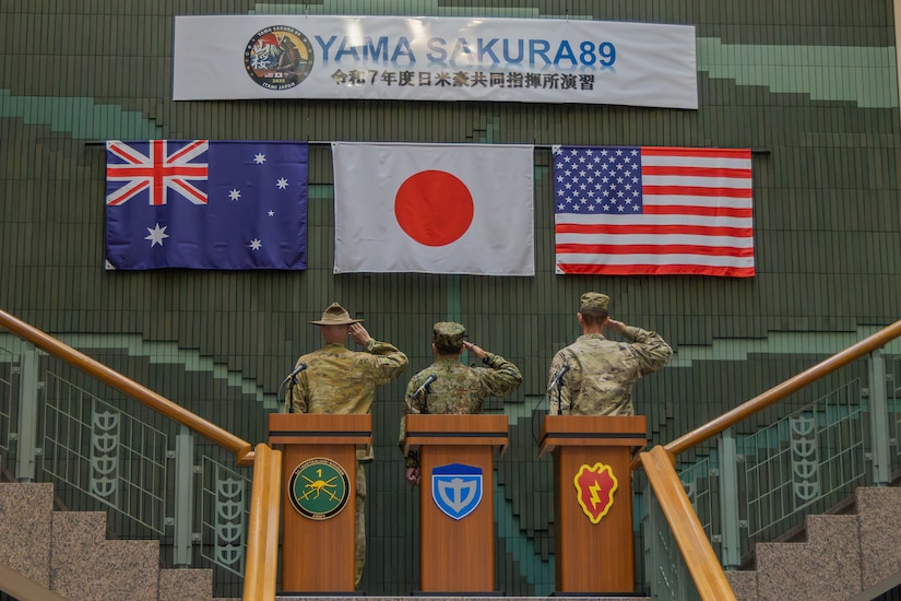 Lt. Gen. Makoto Endo, Commanding General of Middle Army, Japan Ground Self-Defense Force (JGSDF), Maj. Gen. James Bartholomees, Commanding General of the 25th Infantry Division (25ID), and Brig. Gen. Shane Gabriel, Deputy Commanding General of 1st (Australia) Division (1 (AS) Div), salute their nations’ flags during each national anthem at the end of the closing ceremony for Yama Sakura 89 at Camp Itami, Japan, Aug. 31, 2025.