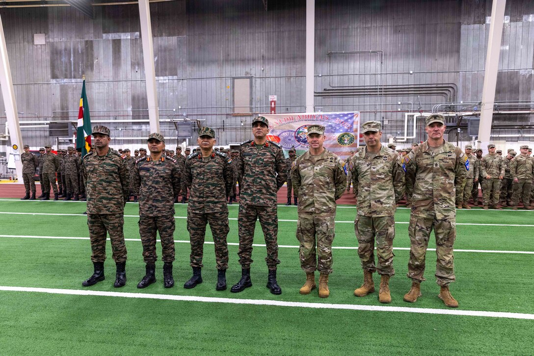 Senior leaders from the Indian Army and U.S. Army’s 11th Airborne Division stand shoulder to shoulder during the opening ceremony of Yudh Abhyas 25 at Fort Wainwright, Alaska, Sept. 2, 2025.