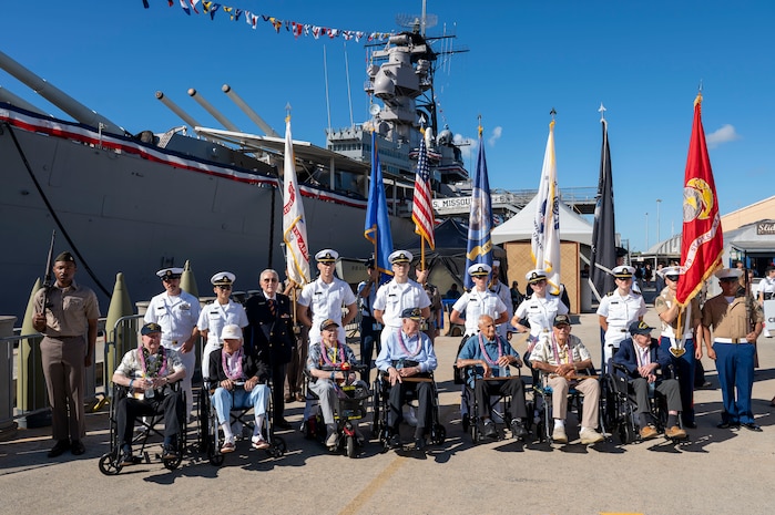 World War II veterans who served aboard the USS Missouri (BB 63) attend a ceremony commemorating the 80th anniversary of the end of WWII in Pearl Harbor, Hawaii, Sept. 2, 2025.