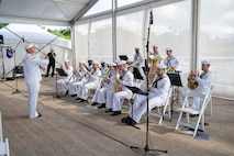 Pacific Fleet Band performs during a ceremony commemorating the 80th anniversary of the end of World War II in Pearl Harbor, Hawaii, Sept. 2, 2025.