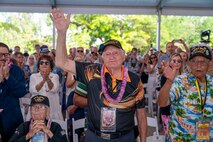 World War II veterans are applauded during a ceremony commemorating the 80th anniversary of the end of World War II in Pearl Harbor, Hawaii, Sept. 2, 2025.