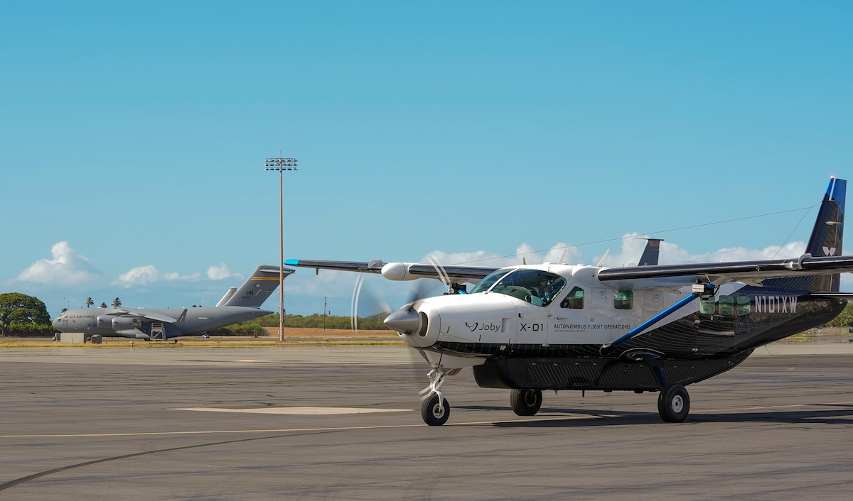 Joby Aviation's Cessna 208B Grand Caravan taxis autonomously at Joint Base Pearl Harbor-Hickam, Hawaii, during the Department-Level Exercise, July 29, 2025.