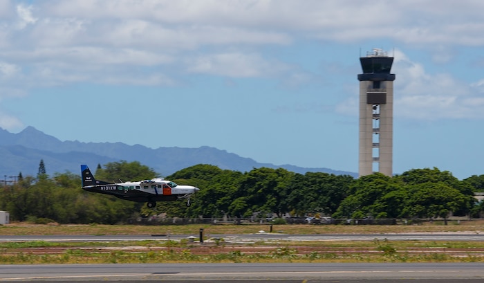 Joby Aviation's Cessna 208B Grand Caravan lands autonomously at Joint Base Pearl Harbor-Hickam, Hawaii, during the Department-Level Exercise, July 29, 2025.