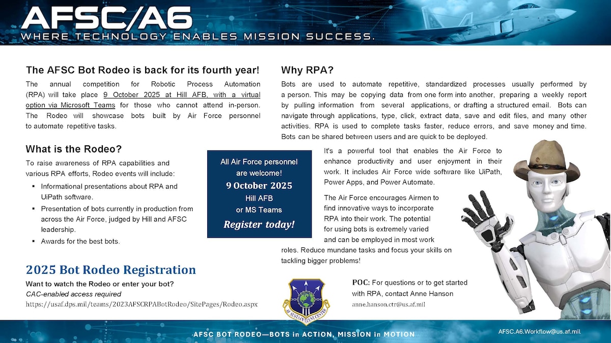 Flyer for the AFSC Bot Rodeo, scheduled for Oct. 9, 2025, at Hill Air Force Base, Utah. Includes event details, registration instructions, and contact information. Text highlights Airmen-led automation, innovation, and competition.