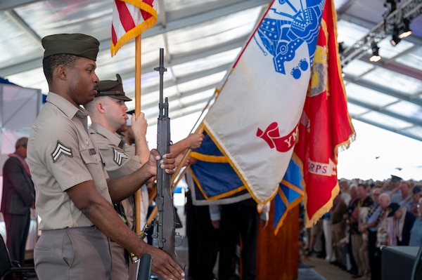A Joint Service Color Guard parades the colors during a ceremony commemorating the 80th anniversary of the end of World War II in Pearl Harbor, Hawaii, Sept. 2, 2025.