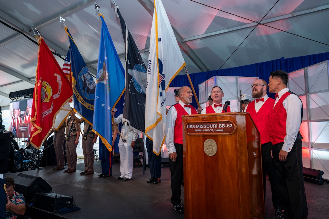 Sounds of Aloha perform the national anthem and Hawai'i Pono'i during a ceremony commemorating the 80th anniversary of the end of World War II in Pearl Harbor, Hawaii, Sept. 2, 2025.