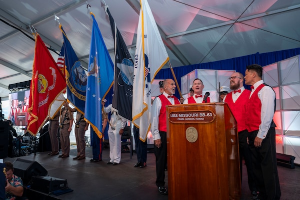 Sounds of Aloha perform the national anthem and Hawai'i Pono'i during a ceremony commemorating the 80th anniversary of the end of World War II in Pearl Harbor, Hawaii, Sept. 2, 2025.