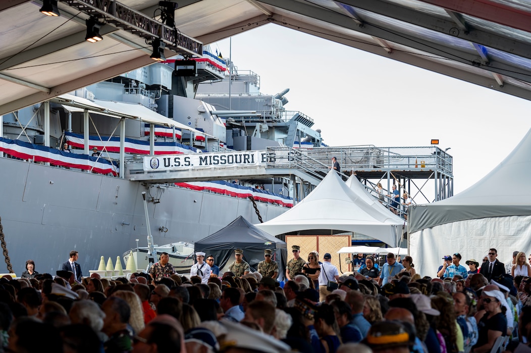 View of the USS Missouri (BB 63) brow from a ceremony commemorating the 80th anniversary of the end of World War II in Pearl Harbor, Hawaii, Sept. 2, 2025.