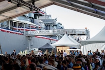 View of the USS Missouri (BB 63) brow from a ceremony commemorating the 80th anniversary of the end of World War II in Pearl Harbor, Hawaii, Sept. 2, 2025.