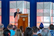 World War II Navy veteran Gunner's Mate 2nd Class Edgar Buffman delivers remarks during a ceremony commemorating the 80th anniversary of the end of World War II in Pearl Harbor, Hawaii, Sept. 2, 2025.