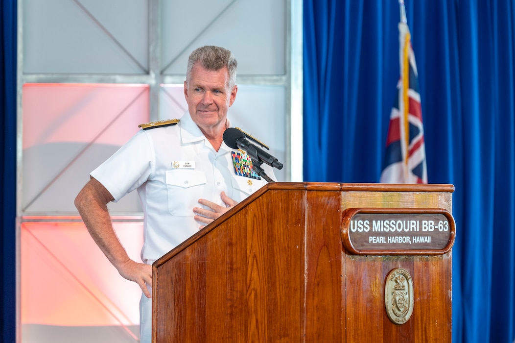 Adm. Samuel J. Paparo, commander of U.S. Indo-Pacific Command, delivers a keynote address during a ceremony commemorating the 80th anniversary of the end of World War II in Pearl Harbor, Hawaii, Sept. 2, 2025.