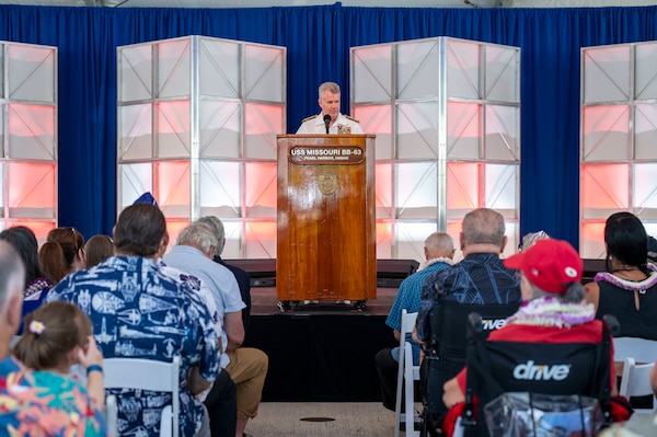 Adm. Samuel J. Paparo, commander of U.S. Indo-Pacific Command, delivers a keynote address during a ceremony commemorating the 80th anniversary of the end of World War II in Pearl Harbor, Hawaii, Sept. 2, 2025.