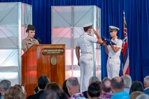 Members of the Hawaii Army and Navy Reserve Officers' Training Corps perform Old Glory during a ceremony commemorating the 80th anniversary of the end of World War II in Pearl Harbor, Hawaii, Sept. 2, 2025.