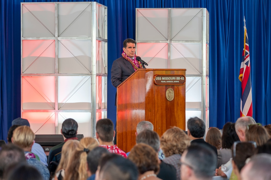 Retired U.S. Navy Reserves Capt. Steven Colon, chairman of the USS Missouri Memorial Association, delivers opening remarks during a ceremony commemorating the 80th anniversary of the end of World War II in Pearl Harbor, Hawaii, Sept. 2, 2025.