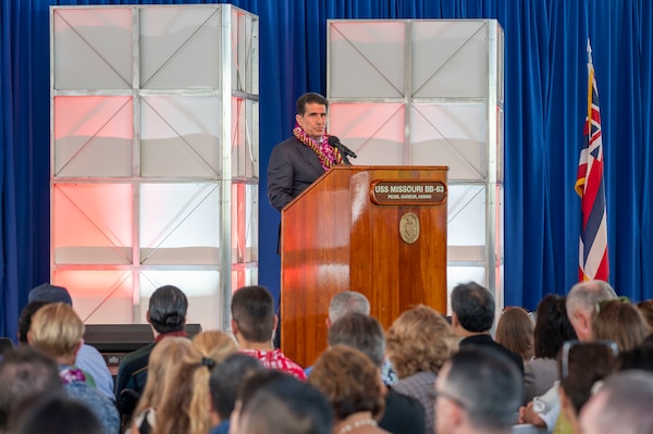 Retired U.S. Navy Reserves Capt. Steven Colon, chairman of the USS Missouri Memorial Association, delivers opening remarks during a ceremony commemorating the 80th anniversary of the end of World War II in Pearl Harbor, Hawaii, Sept. 2, 2025.