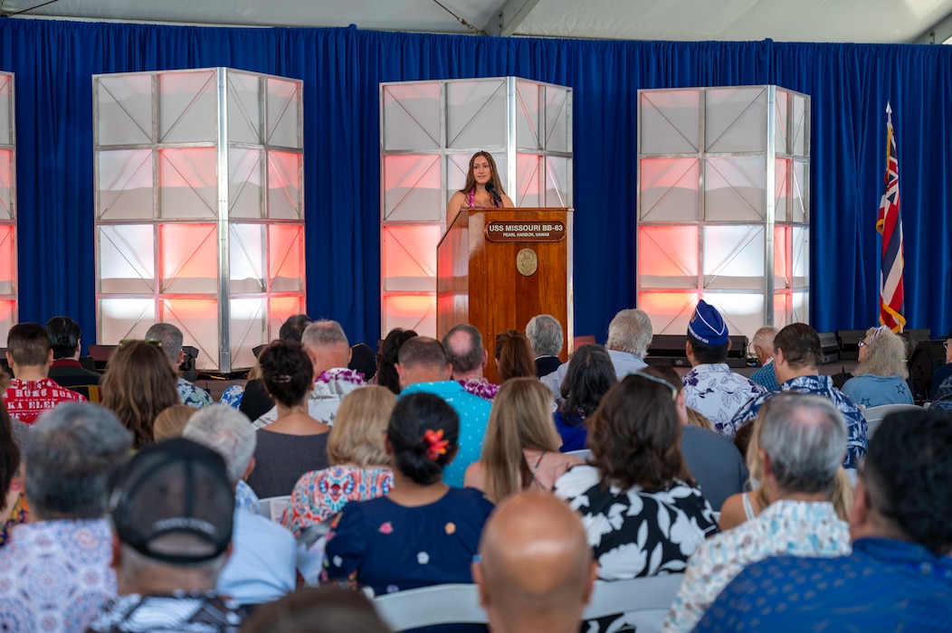 Emma Baksic, a senior at Hawaii Technology Academy delivers a speech on "What I Can Do for Peace" during a ceremony commemorating the 80th anniversary of the end of World War II in Pearl Harbor, Hawaii, Sept. 2, 2025.