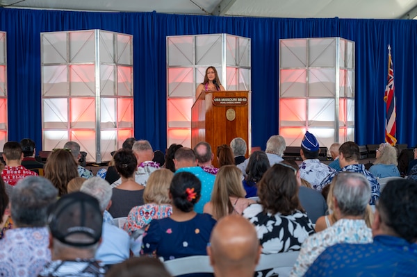 Emma Baksic, a senior at Hawaii Technology Academy delivers a speech on "What I Can Do for Peace" during a ceremony commemorating the 80th anniversary of the end of World War II in Pearl Harbor, Hawaii, Sept. 2, 2025.