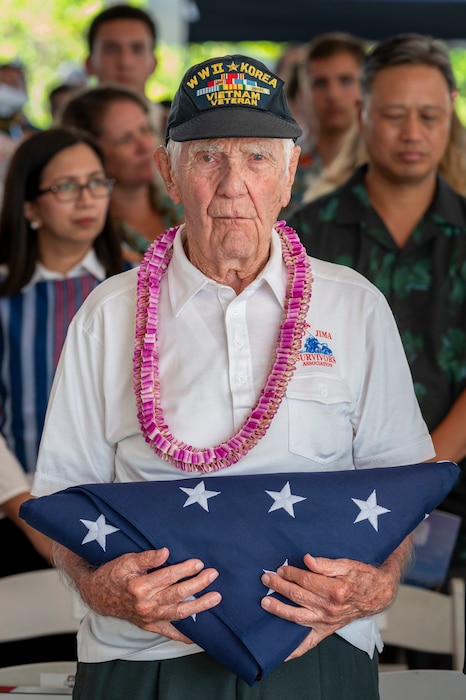 A portrait of World War II Navy veteran Delmar Beard taken during a ceremony commemorating the 80th anniversary of the end of World War II in Pearl Harbor, Hawaii, Sept. 2, 2025.