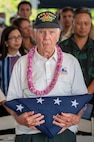 A portrait of World War II Navy veteran Delmar Beard taken during a ceremony commemorating the 80th anniversary of the end of World War II in Pearl Harbor, Hawaii, Sept. 2, 2025.