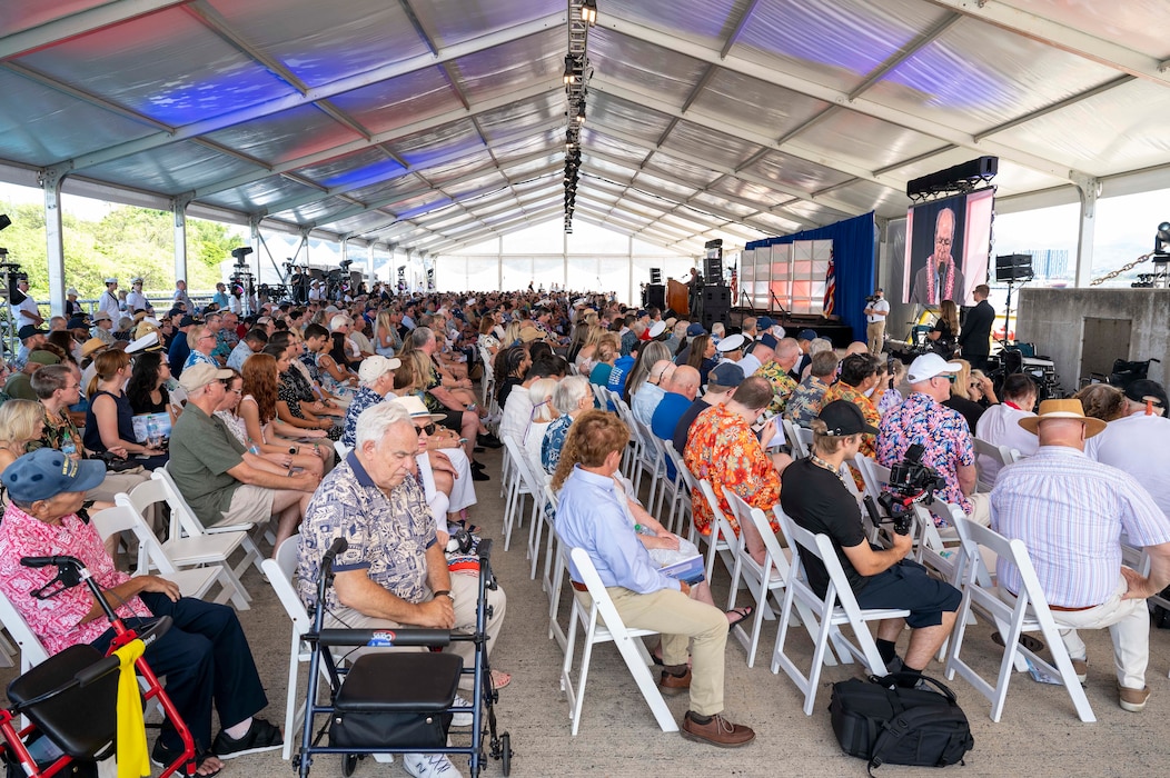 Military and civilian personnel gather in attendance for a ceremony commemorating the 80th anniversary of the end of World War II in Pearl Harbor, Hawaii, Sept. 2, 2025.