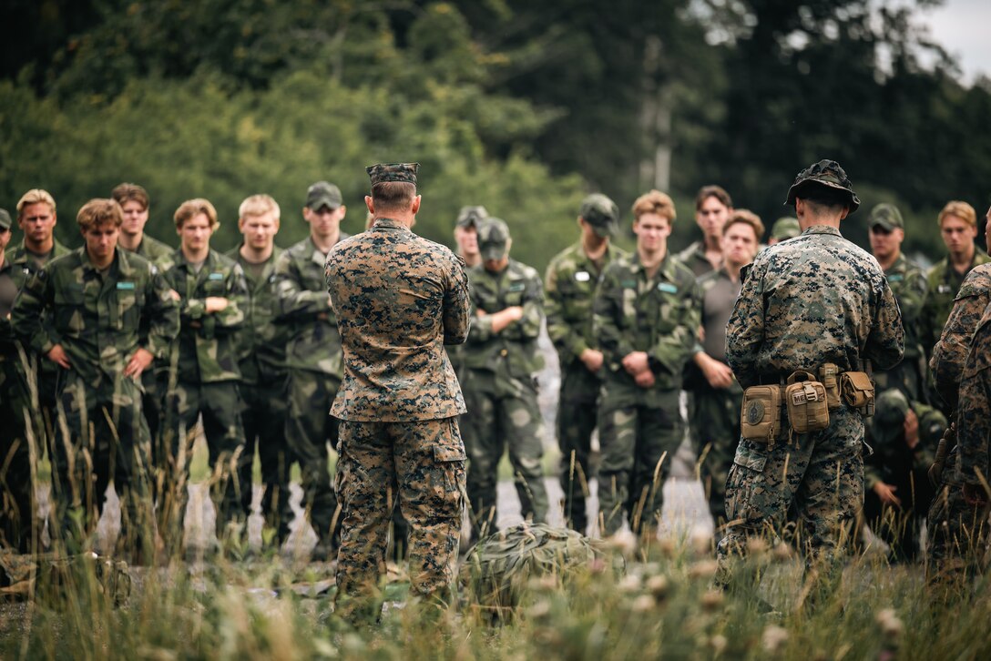 U.S. Marines with 2d Marine Division and Swedish Marines with the 2nd Amphibious Battalion, 1st Marine Regiment conduct interoperability training as part of exercise Archipelago Endeavor 25 in Berga, Sweden, Aug. 27, 2025. Exercise Archipelago Endeavor 25 increases compatible interoperability between the U.S. Marine Corps and Swedish Amphibious Forces by executing combined amphibious operations in and around the Baltic Sea littorals. (U.S. Marine Corps photo by Lance Cpl. Frank Sepulveda Torres)
