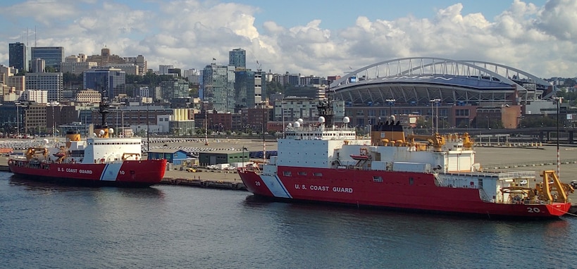 Coast Guard cutters (left to right) Polar Star and Healy docked at Base Seattle in 2023. The Coast Guard awarded a contract Aug, 27, 2025, for dredging and homeport improvements necessary to support future cutter operations at Base Seattle. U.S. Coast Guard photo.