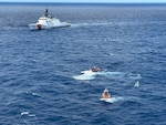 U.S. Coast Guard Cutter Hamilton (WMSL 753) boarding team interdicting two go-fast vessels suspected of drug smuggling approximately 115 miles southeast of the Galapagos Islands, Ecuador, June 26, 2025. The vessels were initially detected by a maritime patrol aircraft, and Hamilton’s embarked Helicopter Interdiction Tactical Squadron (HITRON) aircrew provided airborne tactical support, resulting in the seizure of more than 4,475 pounds of cocaine. (U.S. Coast Guard photo)