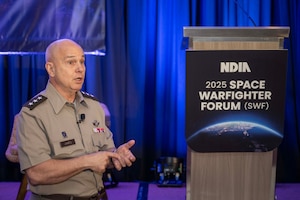Lt. Gen. Tom James, U.S. Space Command deputy commander, spoke about the importance of space technology in military operations, emphasizing the need for the defense of space assets, particularly from China and Russia, at the Space Warfighting Forum (SWF) at the Doubletree hotel in Colorado Springs, Colorado, August 28, 2025. The SWF, co-hosted by the National Defense Industrial Association and USSPACECOM, convened Aug. 26-28 to discuss the future of space warfare, including visions, evolving requirements, and current and emerging capabilities. This year's theme, 