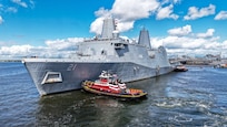 The San Antonio-class amphibious transport dock ship USS New York (LPD 21), arrives at Marine Hydraulic Industries (MHI) shipyard, Sep. 2, 2025. New York’s arrival marked the beginning of a Chief of Naval Operations maintenance availability period. (Courtesy photo by Ricardo Navedo)