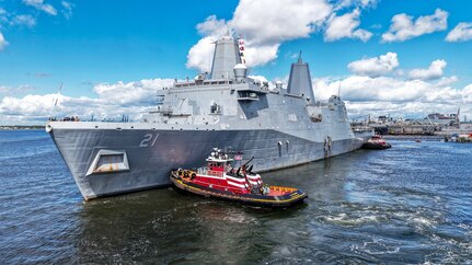 The San Antonio-class amphibious transport dock ship USS New York (LPD 21), arrives at Marine Hydraulic Industries (MHI) shipyard, Sep. 2, 2025. New York’s arrival marked the beginning of a Chief of Naval Operations maintenance availability period. (Courtesy photo by Ricardo Navedo)