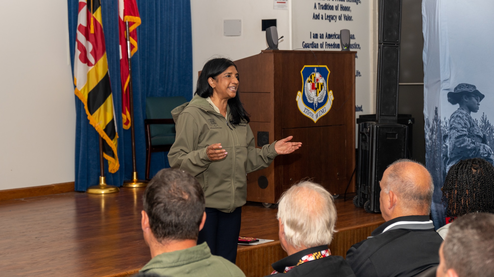 Maryland Lt. Gov. Aruna Miller makes closing remarks to Maryland National Guard leadership and civilian employers during the 2025 Boss Lift event at Warfield Air National Guard Base at Martin State Airport, Maryland, August 22, 2025. Employers got a firsthand look at the duties and skills of their employees who serve in the Maryland National Guard during the Employer Support of the Guard and Reserve Boss Lift event. (U.S. Air National Guard Photo by Airman 1st Class Sarah Hoover)