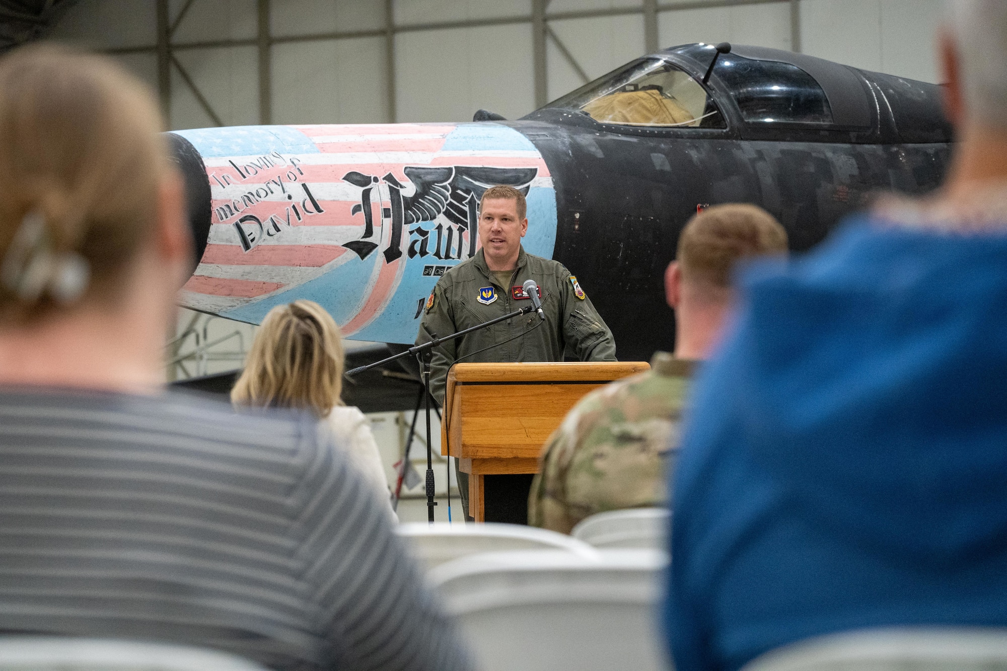 Lt. Col. Joseph J. Raisner speaks during the 30th anniversary memorial service for Capt. David “Hawk” Hawkens
