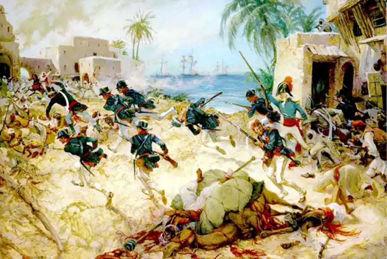 A painting depicting people wearing colonial military uniforms carrying muskets storming ashore and engaging in battle.